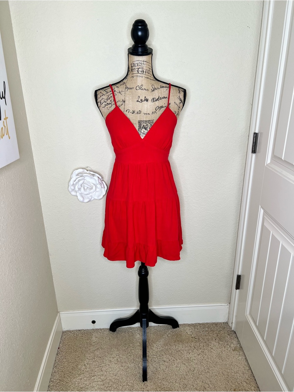 NTM: Morceau Los Angeles Red Linen Blend Tiered Mini Dress Smocked Back M - Picture 3 of 16